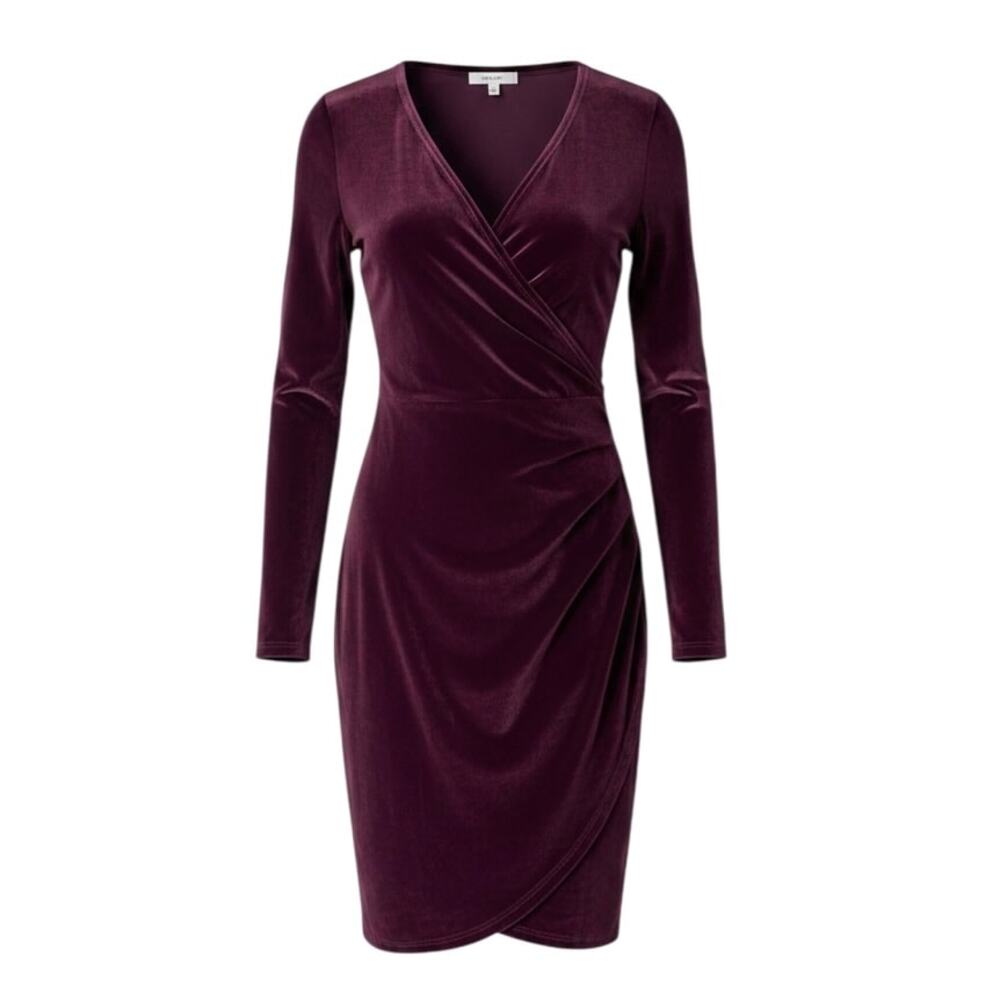 Wilfred Free Klum burgundy velvet wrap dress with v-neck and ruched side detail